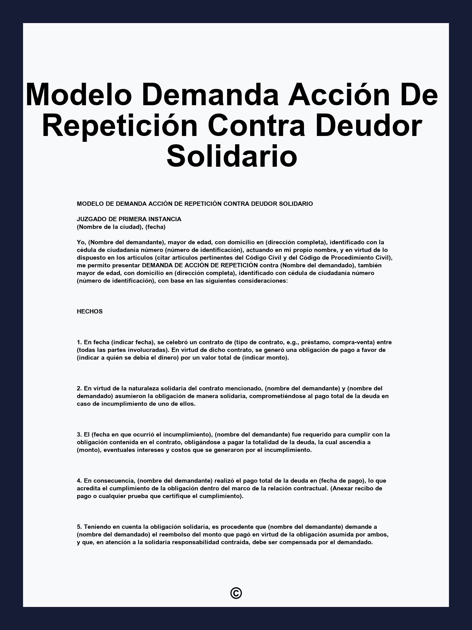 Modelo Demanda Acción De Repetición Contra Deudor Solidario