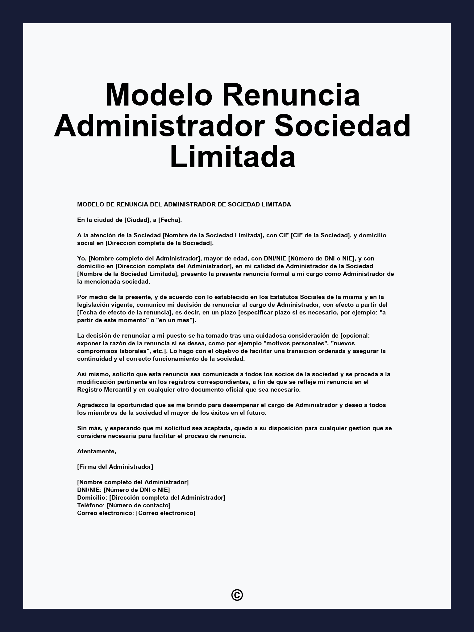 Modelo Renuncia Administrador Sociedad Limitada